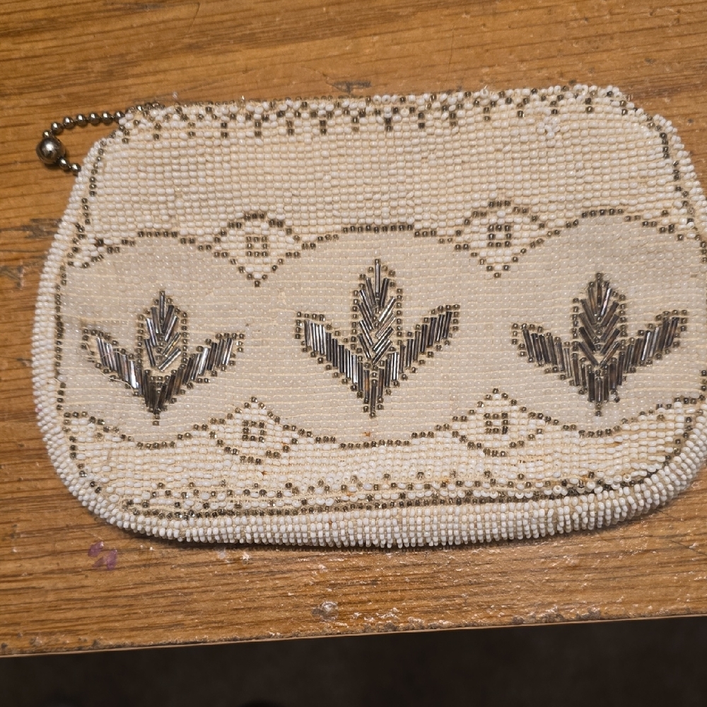 Elegant Beaded Clutch - Cream and Silver